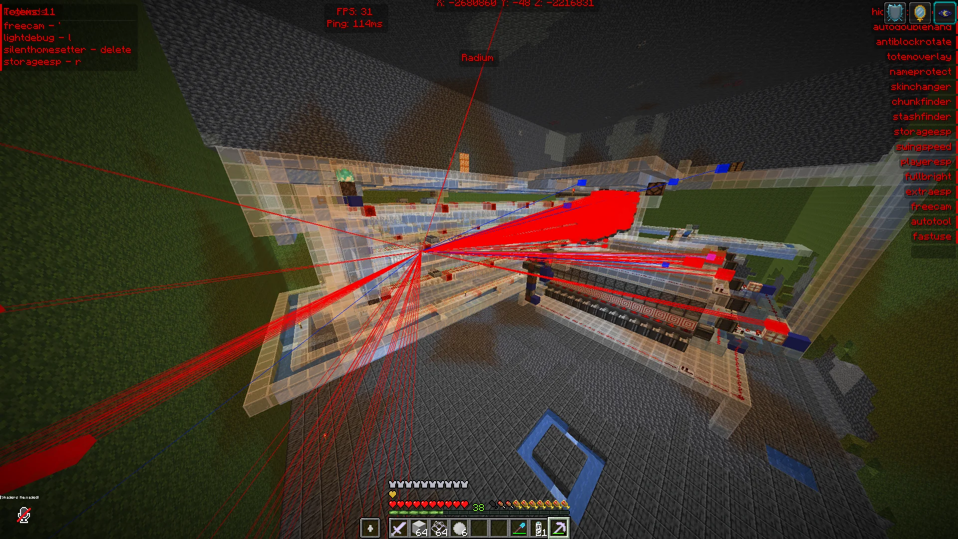 Underground storage base found with Aura Client ChunkFinder on DonutSMP