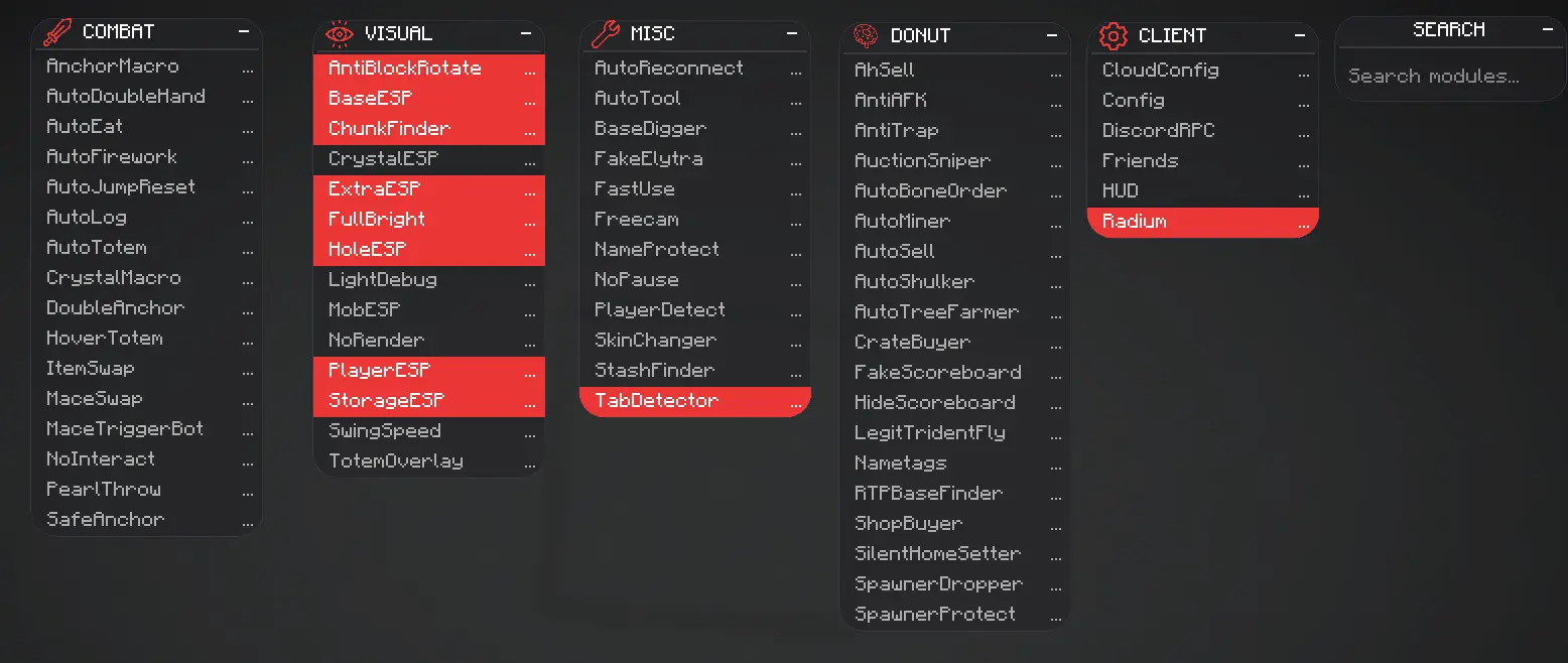Aura Client in-game menu interface showing module categories for Combat, Visual, DonutSMP, Misc, and Client settings in Minecraft Fabric 1.21